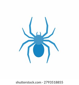 A simple, flat design illustration of a blue spider with eight legs and a distinct body.