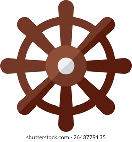 Uma ilustração simples e plana da roda de um navio marrom, isolada sobre um fundo branco.  Perfeito para temas náuticos, viagens ou conceitos de aventura.