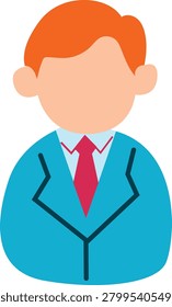 A simple, flat design illustration of a businessman or professional, depicted as a faceless avatar with orange hair, wearing a blue suit jacket and a red tie.