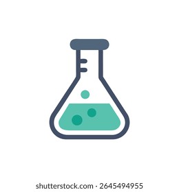 A simple flat design illustration of a chemistry flask with liquid. On a White Background with blue and green colors.