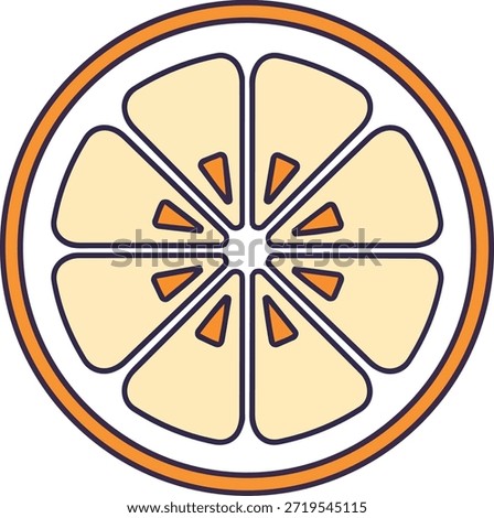 A simple, flat design illustration of a cross-section of a citrus fruit slice, likely an orange, with distinct segments and a visible rind. The colors are light orange and yellow with a dark outline.
