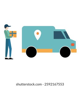 A simple, flat design illustration of a delivery person handing a package to a delivery truck.