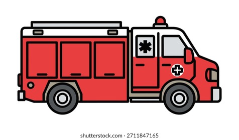 La ilustración de diseño plano simple representa un camión de ambulancia de servicios médicos de emergencia rojo con símbolos médicos claros sobre un fondo negro sólido perfecto para conceptos relacionados con la seguridad o la salud.