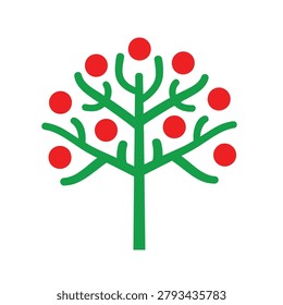 A simple, flat design illustration of a green tree with red fruits on its branches