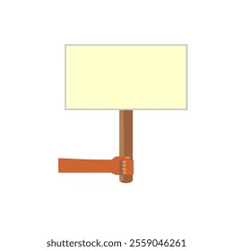 A simple, flat design illustration of a hand holding a blank placard sign.