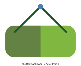A simple, flat design illustration of a hanging sign with two shades of green, suspended by strings from a blue dot.