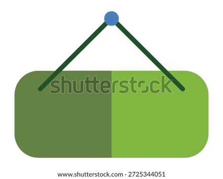 A simple, flat design illustration of a hanging sign with two shades of green, suspended by strings from a blue dot.