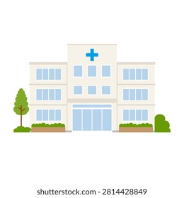 A simple flat design illustration of a hospital storefront. Featuring the iconic blue cross mark and greenery, it is perfect for medical themes and cityscape layouts.
