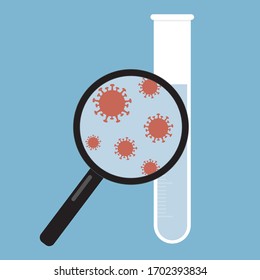 Simple flat design illustration of magnifying glass with bacteria and test tubes in laboratory. Search for covid-19 or coronavirus disease. Isolated on blue background - vector