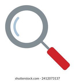 A simple, flat design illustration of a magnifying glass with a red handle.
