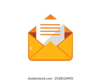 Simple flat design illustration of an open yellow envelope containing a letter, symbolizing email, messaging, or communication in digital format.