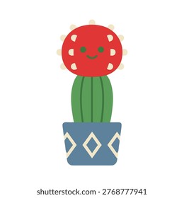 A simple, flat design illustration of a potted cactus with a red flower and a happy expression.