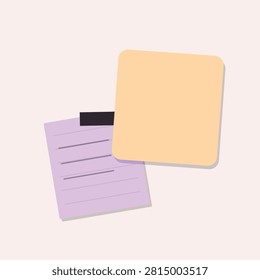 Simple flat design illustration of a purple lined sticky note clipped to a light orange blank sticky note.