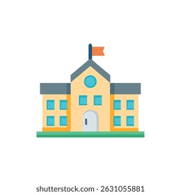 A simple flat design illustration of a school building with a neutral color palette and clean geometric shapes on a White Background.