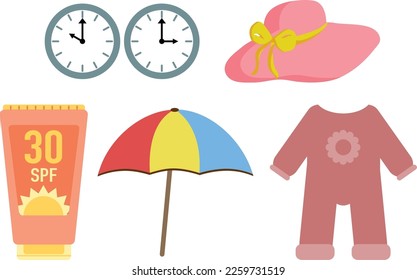 Simple Flat Design Illustration Set que contiene material para bebés e ilustración de verano