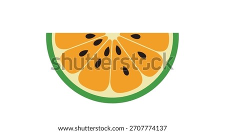 Simple flat design illustration of a slice of orange watermelon with black seeds and a green rind on a white background.