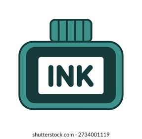 Una ilustración de diseño simple y plano de una botella de tinta verde azulado con una etiqueta blanca que dice "TINTA". La botella tiene una tapa acanalada.