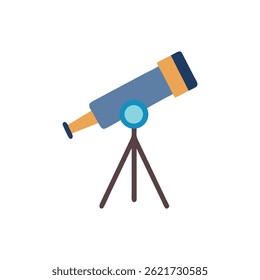Ilustración de diseño plano simple de un telescopio en un trípode contra un fondo blanco. Estética estilizada de dibujos animados.