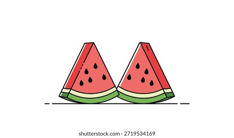 Ilustração simples de design plano de duas fatias triangulares de melancia vermelha madura com sementes pretas e casca verde.