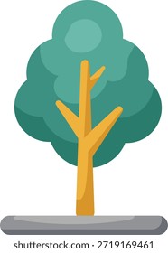Um design simples e plano ilustração de uma árvore verde vibrante com um tronco marrom resistente, enraizado em uma base cinza minimalista, perfeito para projetos de natureza temática.