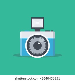 Simple, flat design illustration of a vintage style camera.  The camera is depicted in blue and white, with a light-colored flash and a detailed lens. The style is modern and artistic.