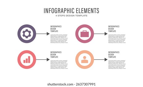 Simple flat design infographics for 4 processes with icons and text. Presentation slide template