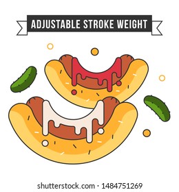 Simple flat design linear minimalistic vector icon illustrated with detailes. German grilled sausage in hotdog. Oktoberfest icon symbol.