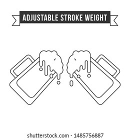 Simple flat design linear minimalistic vector icon illustrated with detailes. Two mugs with beer splash and drops cheers together at october festival. Oktoberfest icon symbol.