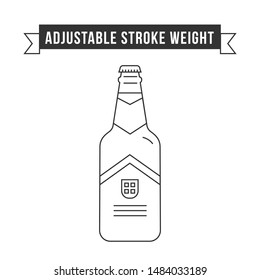 Simple flat design linear vector icon illustrated with detailes. Glass bottle with beer and labels. Oktoberfest isolated icon symbol.Thin line with adjustable stroke weight in black and white colors.