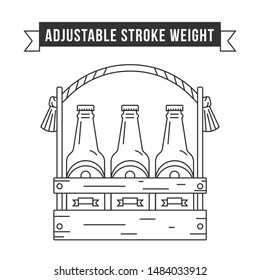 Simple flat design linear vector icon illustrated with detailes. Glass bottle with craft beer placed in wooden box with rope handle and labels. Oktoberfest isolated icon symbol.Thin line with adjustab