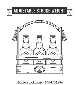 Simple flat design linear vector icon illustrated with detailes. Glass bottle with craft beer placed in wooden box with rope handle and labels. Oktoberfest isolated icon symbol.Thin line with adjustab