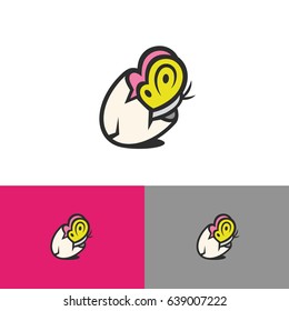 Simple flat design logo template with butterfly and eggshell. Graphic illustration, idea of birth and growth.