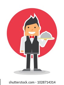 simple flat design of man waiter stand with hold food cover