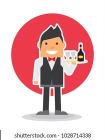 simple flat design of man waiter stand with hold wine