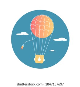 Simple flat design minimalistic aerostat logotype. Hand-drown gradient orange to yellow air balloon on dark blue background. Colorful trendy airship icon logo. Form style, corporate design template.