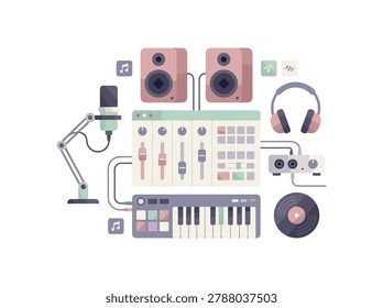 Simple flat design of a music production setup including mixer, keyboard, speakers, headphones, and vinyl record.