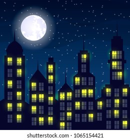 Simple flat design. night city. Lights. Light in the window. Lena and the starry sky. For your design.