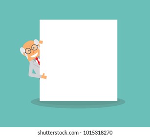 simple flat design of old man professor behind of the white board and happy and smile face