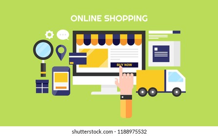 Simple flat design Online shopping concept, e-commerce marketing vector banner with icons and elements