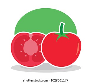 simple flat design of perfect ripe red tomato and perfect slice tomato with circle background