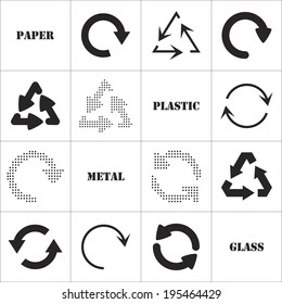 Simple, flat design recycle symbols in black isolated on white background