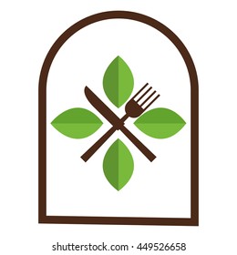 simple flat design restauran emblem with leaves and utensils icon vector illustration