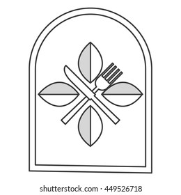 simple flat design restauran emblem with leaves and utensils icon vector illustration