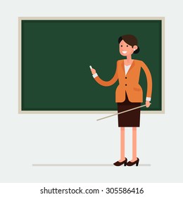 Simple flat design school teacher female character standing in front of classroom blackboard holding chalk and pointer | Friendly teacher standing with chalkboard on background