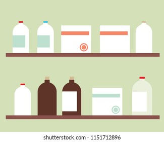 Simple flat design shelf for medicine with bottles and boxes with label, isolated on green wall - vector