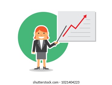 simple flat design of short hair lady business women with board pointer, showing chart presentation of profit arrow