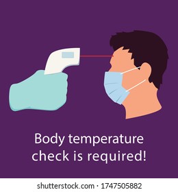 Simple flat design showing someone checking a man's body temperature at check in