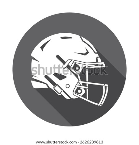 A simple flat design showing a white American football helmet. The helmet sits on a gray circle with a subtle shadow, creating a clean vector look.