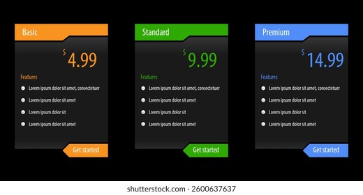 simple flat design template pricing table subscription plans with dark theme