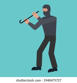 Simple flat design thief character with crowbar vector graphics